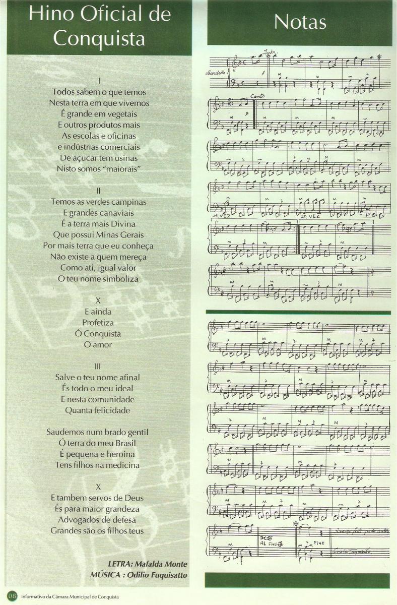 Letra e partitura do Hino Oficial de Conquista